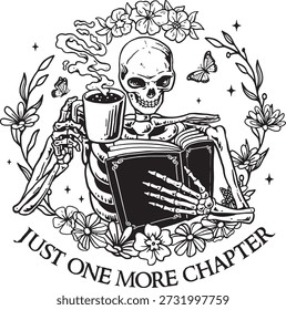 Skeleton Reading Book Just One More Chapter Floral Line Art Illustration