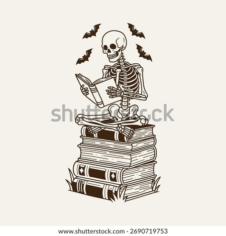 Skeleton Reading Books Vector, Vintage Halloween Illustration with Bats and Stack of Books