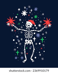 Skeleton in red hat with colorful stars and snowflakes. Vector illustration for Christmas and New Year decoration isolated on dark blue background.