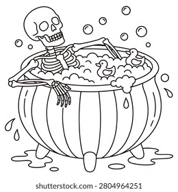 Skeleton relaxing in bathtub full of bubbles and rubber ducks, bath time, spa, relaxation, fun, hygiene, water, soap, foam, playful, cute.