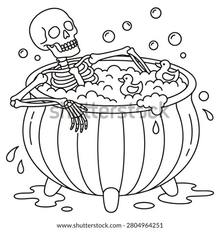 Skeleton relaxing in bathtub full of bubbles and rubber ducks, bath time, spa, relaxation, fun, hygiene, water, soap, foam, playful, cute.