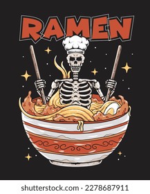 Skeleton relaxing in a bowl of Ramen. Japanese food Illustration for T shirt print