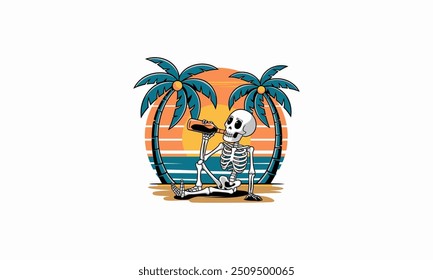 skeleton is relaxing drinking on the beach vector flat design