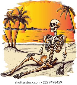 skeleton relaxing in font of beach, skeleton illustration for t-shirt design, skeleton  t-shirt design