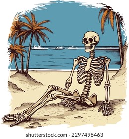 esqueleto relajante frente a la playa, esqueleto ilustrativo para el diseño de camisetas, esqueleto diseño de camisetas