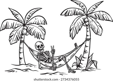 Esqueleto relaxando em Hammock Beach Vacation Ilustração vetorial em preto e branco