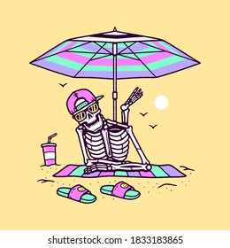 SKELETON RESTING ON THE BEACH COLOR BACKGROUND