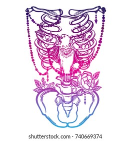 Skeleton ribs, bird and flowers. Vintage vector illustration. Tattoo style. Great for tattoos, print t-shirts and coloring books.