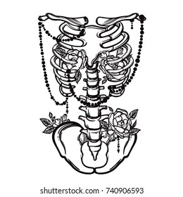 Skeleton ribs and flowers. Vintage vector illustration. Tattoo style. Great for tattoos, print t-shirts and coloring books.