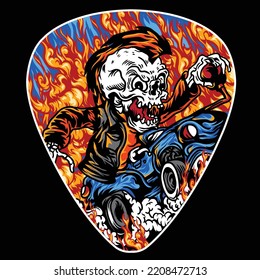 SKELETON RIDE A CAR WITH FIRE IN PICK ILLUSTRATION DESIGN