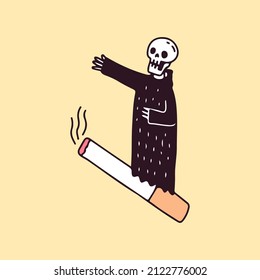 Skeleton ride a cigarette, illustration for t-shirt, sticker, or apparel merchandise. With doodle, soft pop, and cartoon style.