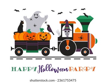 Tren espeluznante de paseo en Skeleton con afiche vectorial de los símbolos de Halloween. Calabazas, gatitos, caricatura del cráneo atemorizante. Ilustración de la invitación al evento de diversión nocturna de horror. Antecedentes de la fiesta de Halloween