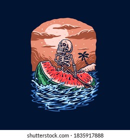 Skeleton ride watermelons, summer beach t shirt graphic design, hand drawn line style with digital color, vector illustration