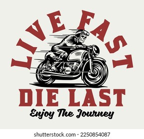 Skeleton Rider on Vintage Motorcycle Illustration with Live Fast Slogan Vector Artwork on White Background For Apparel and Other Uses svg