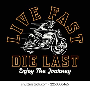 Skeleton Rider on Vintage Motorcycle Illustration with Live Fast Slogan Vector Artwork on Black Background For Apparel and Other Uses