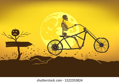 The skeleton rides a motorcycle frame on a bad road to the Halloween. Scary Moon background for eve of All Saints Day. Pointer to the holiday. Dead tree with pumpkin. Vector illustration.