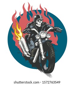 Skeleton ridind custom motorcycle. Dead biker vector illustration. T-shirt or poster design.