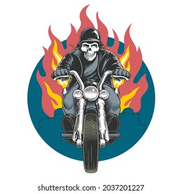 Skeleton ridind custom motorcycle. Zombie rider. Dead biker vector illustration. T-shirt or poster design.