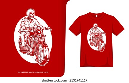 skeleton riding classic motorcycle on red t shirt design template