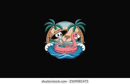 skeleton is riding a flamingo float on the beach vector flat design