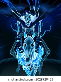 Skeleton is riding a ghost horse. Vector horror illustration
