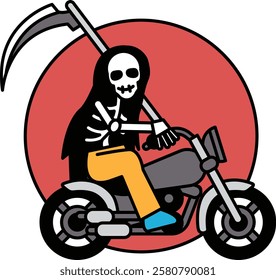 A skeleton is riding a motorcycle with a long handlebar. The skeleton is wearing yellow pants and blue shoes. The image has a creepy and eerie mood