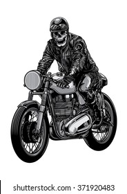 Skeleton Riding A Motorcycle Wearing Helmet.