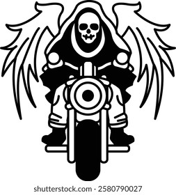 A skeleton is riding a motorcycle with wings on his back. The image has a dark and eerie mood, with the skeleton being a symbol of death and the motorcycle representing freedom and rebellion