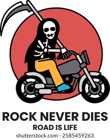 A skeleton riding a motorcycle with the words in the style of sign illustrations