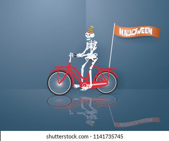 Skeleton riding red bicycle go to HALLOWEEN party on the blue background,paper craft style vector and illustration