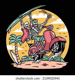 skeleton riding a scooter on the beach illustration