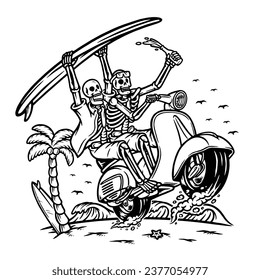 skeleton riding a scooter on the beach line illustration