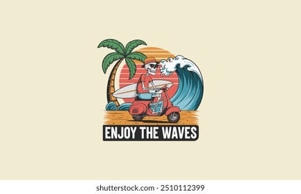 skeleton riding scooter on beach with surf board vector flat design