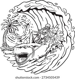 Skeleton Riding Shark Wave Line Art, Spooky Surf Vector Illustration