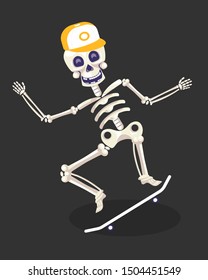 Skeleton riding skateboard, Day Of dead, Mexican holiday symbol, Dia De Los Muertos party vector. Skateboard, skateboarder in cap, skull and bones with accessory. Calaca wearing hat, national festival
