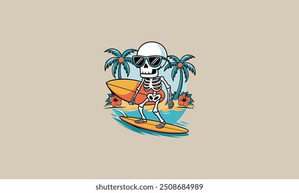 esqueleto cavalgando surf na praia vetor ilustração design plano