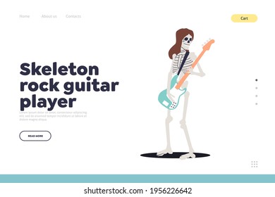Skeleton rock guitar player concept of landing page for rock festival event with skull guitarist playing electric guitar. Cartoon skulls musician punk performer. Flat vector illustration