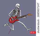 Skeleton rock guitar player jumps. Comic style vector illustration.