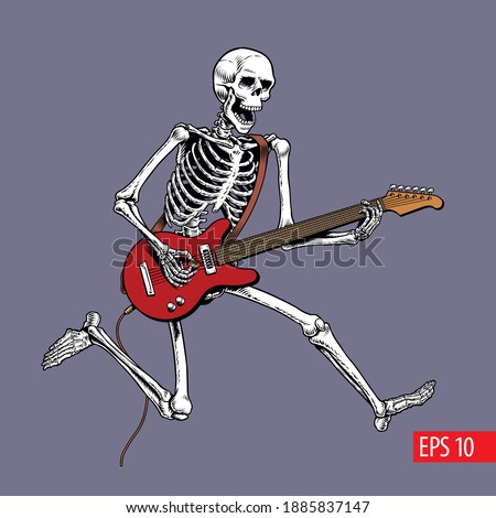 Skeleton rock guitar player jumps. Comic style vector illustration.