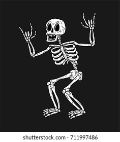 SKELETON WITH ROCK SIGN WHITE BLACK BACKGROUND