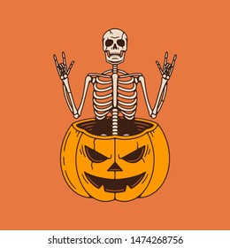 SKELETON WITH ROCK SIGNS IN THE PUMPKIN COLOR ORANGE BACKGROUND