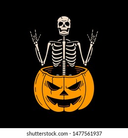 SKELETON WITH ROCK SIGNS IN THE PUMPKIN COLOR BLACK BACKGROUND