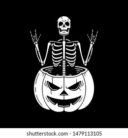 SKELETON WITH ROCK SIGNS IN THE PUMPKIN WHITE BLACK BACKGROUND