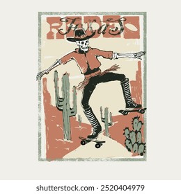 Skeleton rodeo, riding on skateboard, in the desert.  
