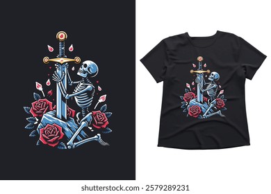 Skeleton, roses, gothic, dark art, skeleton art, sword art, rose art, skeleton design, sword design, rose design, gothic , dark design, skeleton illustration, sword illustration, rose illustration