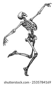 esqueleto em execução isolado no fundo branco mão desenhado esboço movimento e graça dinâmica dança pose halloween projeto elemento linha arte detalhada vetor ilustração