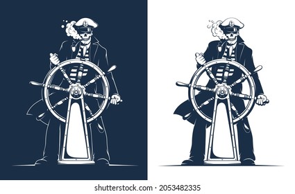 Skeleton sailor - Pirate Captain. Skull Seaman captain at the helm. Vector illustration.