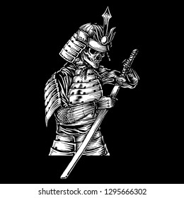 Skeleton Samurai Warrior , hand Drawn Illustration, Isolated Vector