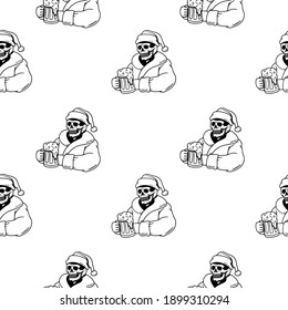 skeleton of santa claus with a beer mug seamless pattern