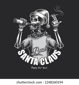 Skeleton Santa Claus with a bottle of beer and a cigarette in his hands. Monochrome vector illustration.